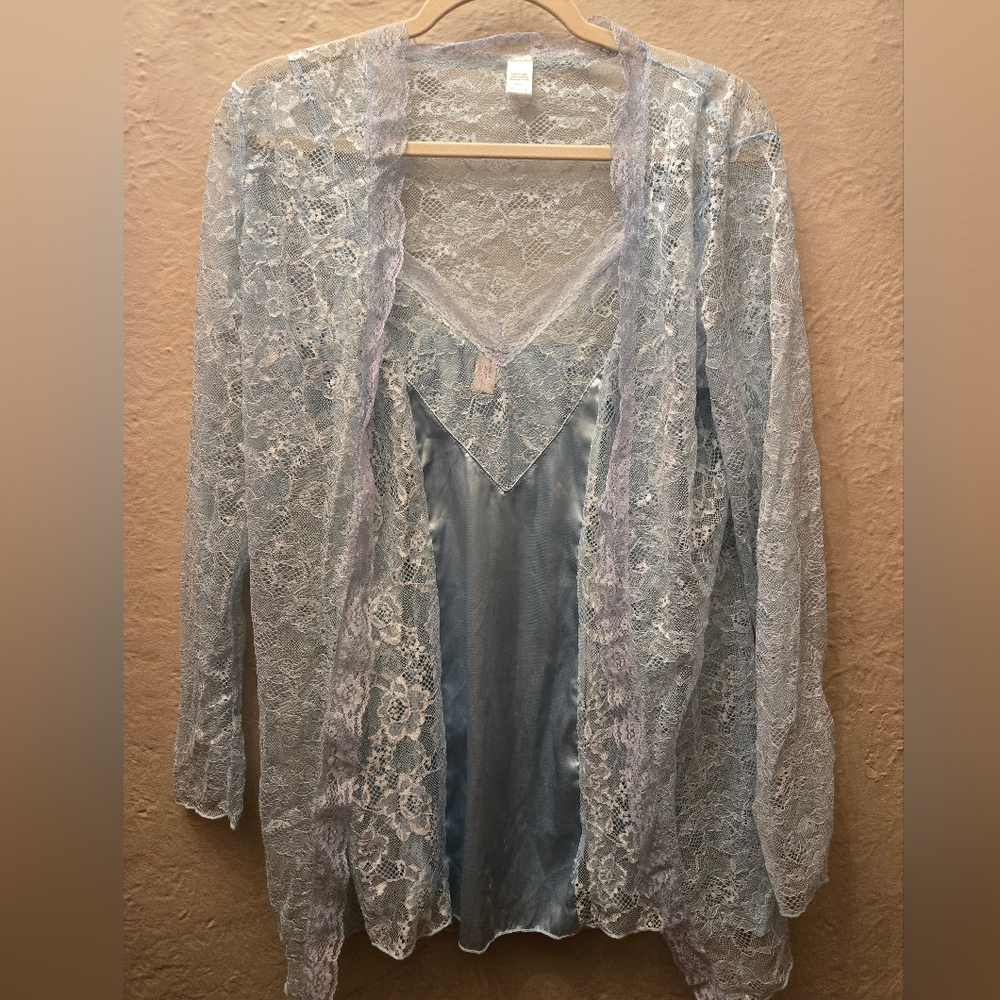 Vintage Elegant Moments Blue Lace Slip Dress & Sheer Robe Set Y2K Coquette L